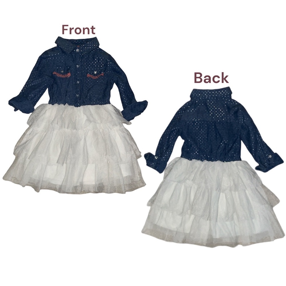 Little Lass Girls Dress Size 5 Chambray And Tulle Tutu Adjustable Sleeve GUC
